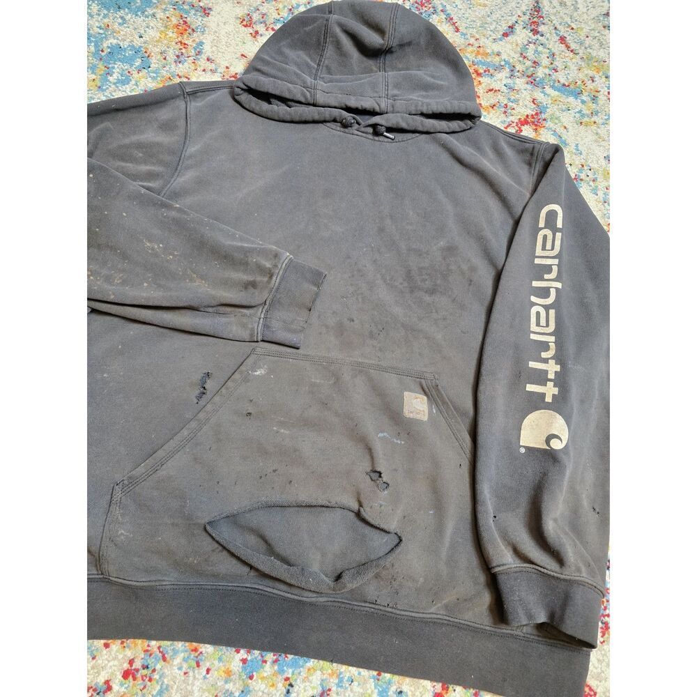 THRASHED Carhartt Pullover Hoodie Size Men's XL Faded Black Workwear Grunge